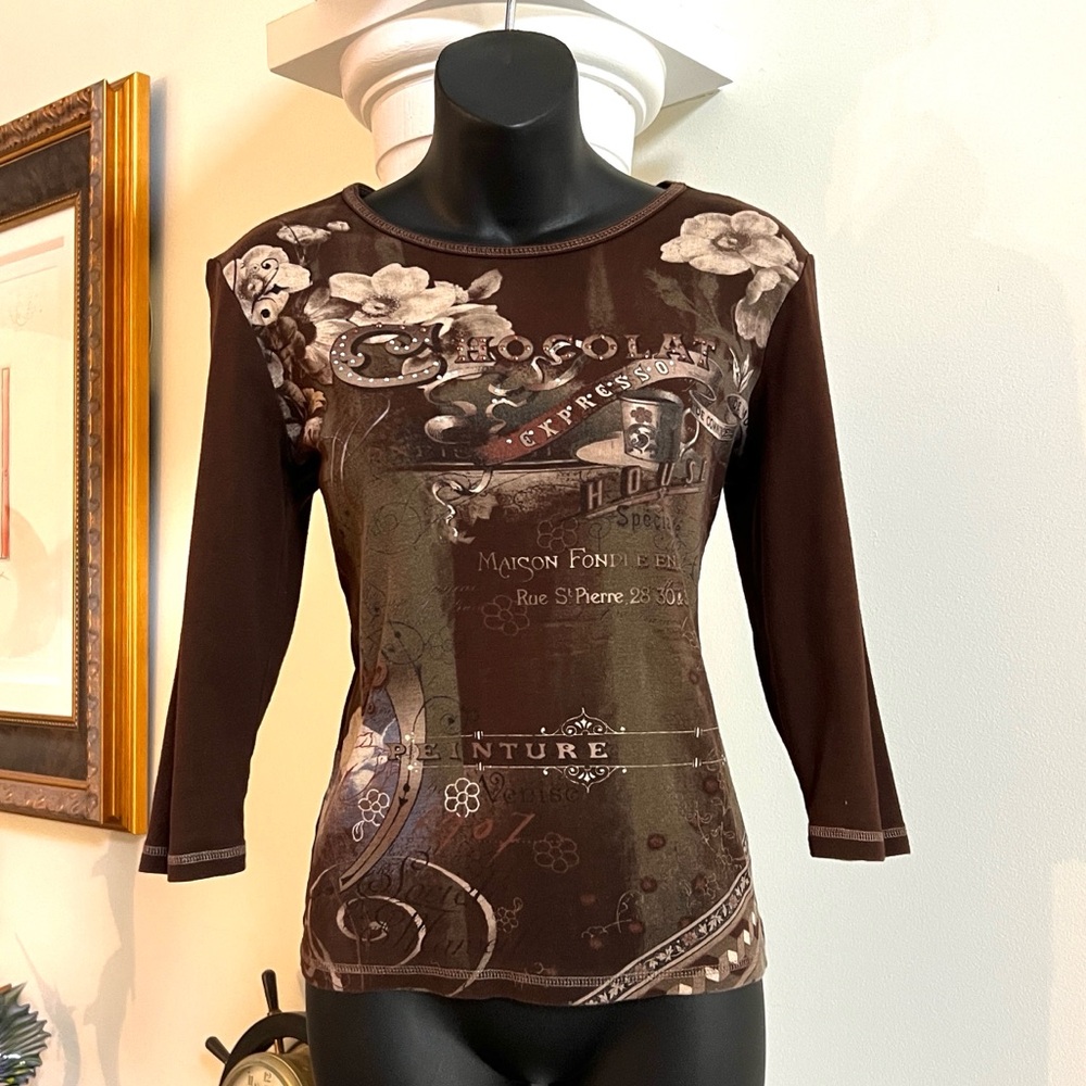 Vintage Retro Y2K Embellished Brown Knit Blue Canyon Clothing Top 3/4 Sleeves - Picture 2 of 9